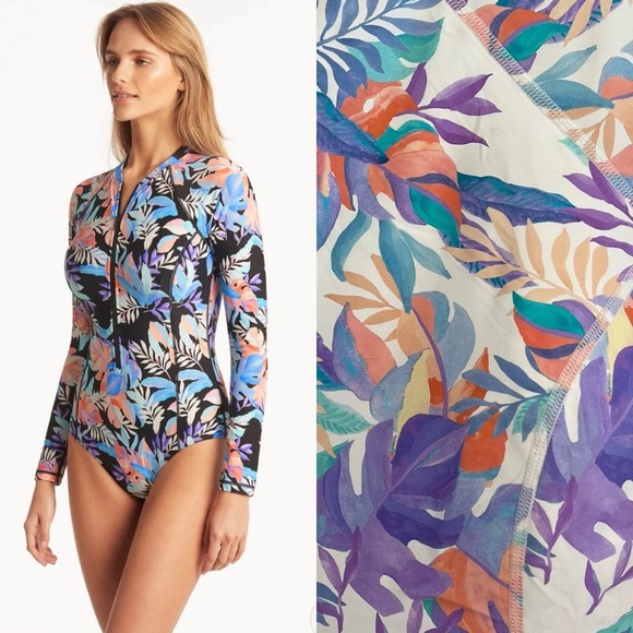 NWT Sea Level Botanical Long Sleeve One Piece Swimsuit 12-14 White - Picture 1 of 16